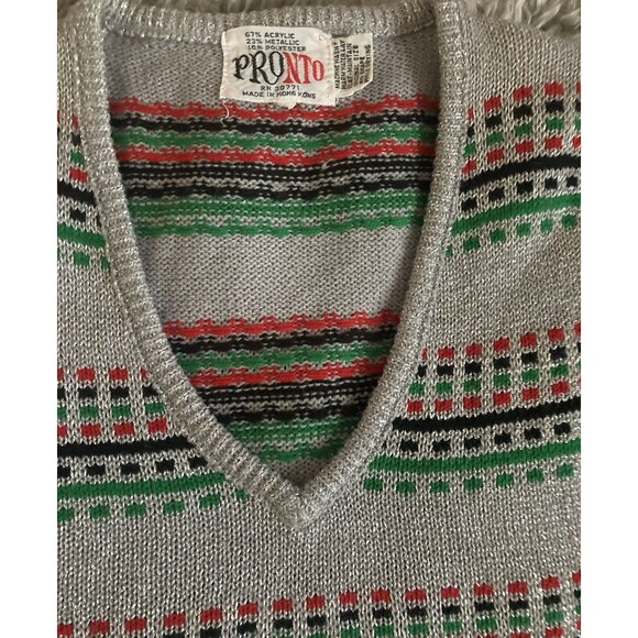 Vintage 60s/70s PRONTO Shimmer Metallic Knit Sweater Vest Sz S Preppy Clueless - Picture 3 of 10